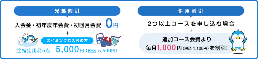 兄弟割引　入会金・初年度年会費・初回月会費　0円 スイミング入会の方 全指定用品5点が5500円税込 併用割引　2つ以上コースを申込む場合、追加コース会費より毎月1000円を割引